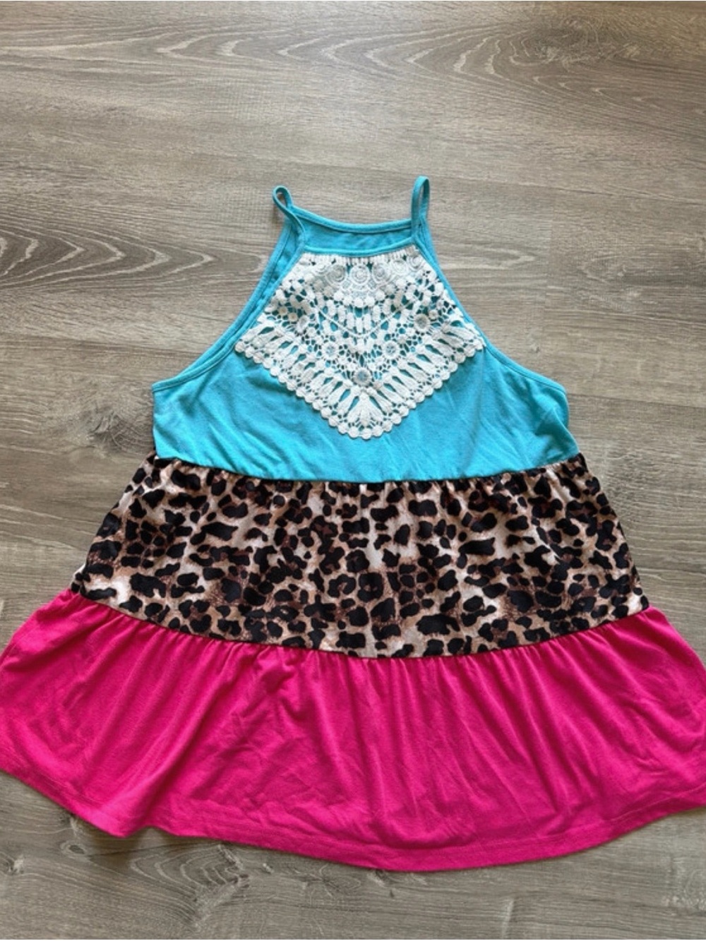 Turquoise & Hot Pink Tiered Tank Top with Leopard Print